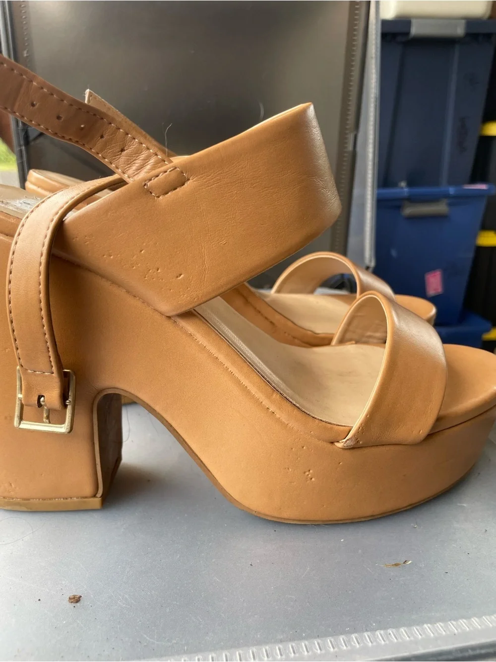 Platform Block Heel Sandals in Tan with Ankle Strap